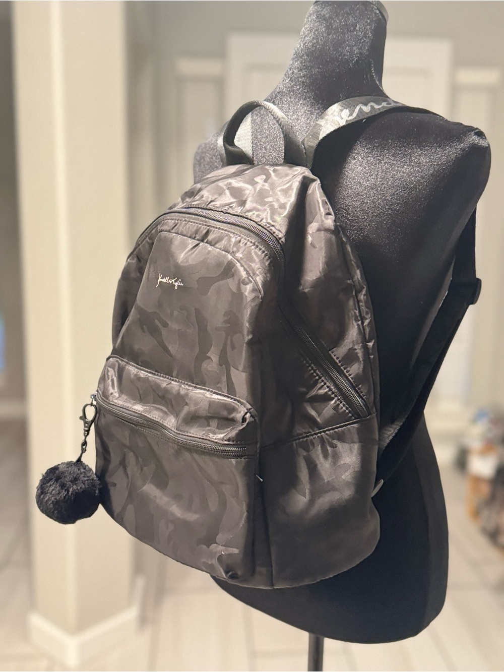 Kendall & Kylie Black Camo Nylon Backpack with Pom Pom Charm